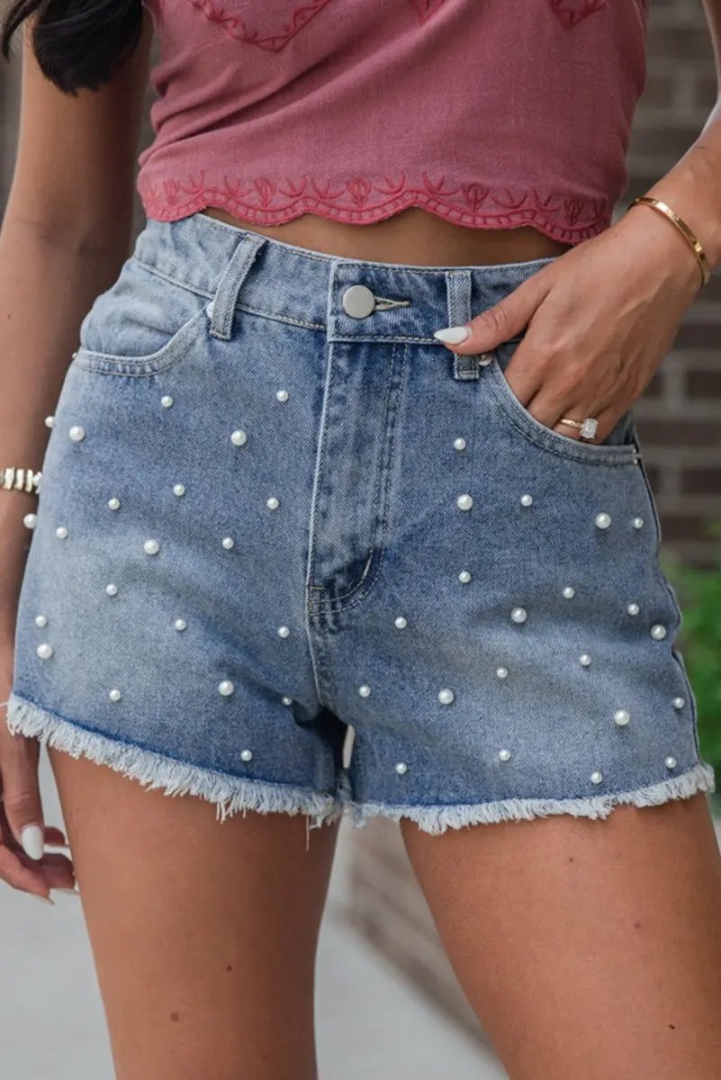 Dusk Blue Pearl Beaded Raw Hem Medium Wash Denim Shorts - Love Salve